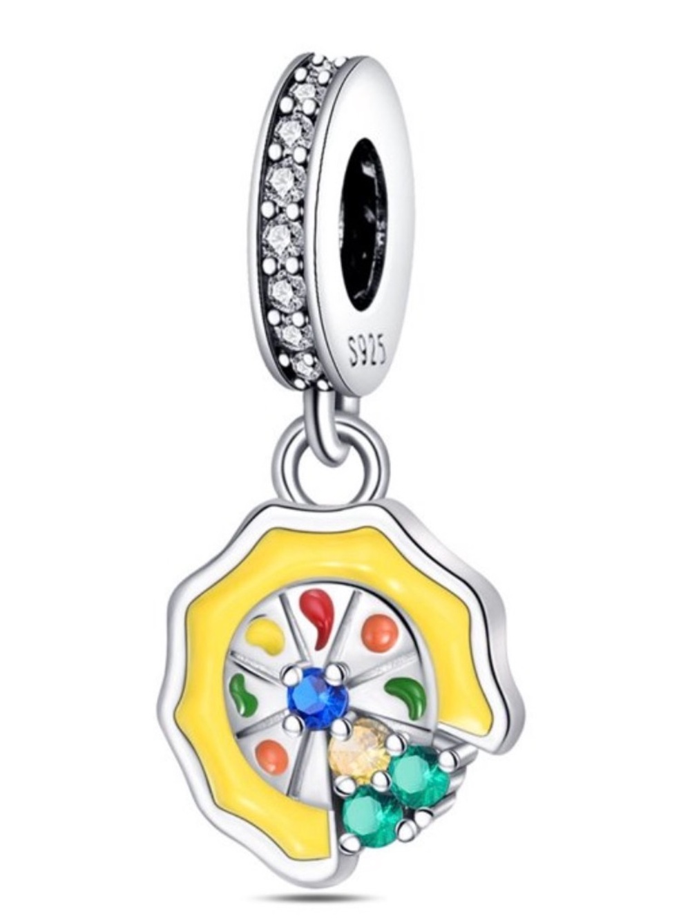 Sterling Silver Yellow Enamel Pizza Charm with green and blue stones
